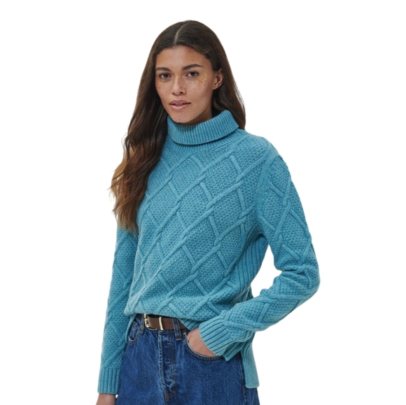 Barbour Turquoise Cable Knit Turtleneck Sweater Size 6 - Picture 1 of 10